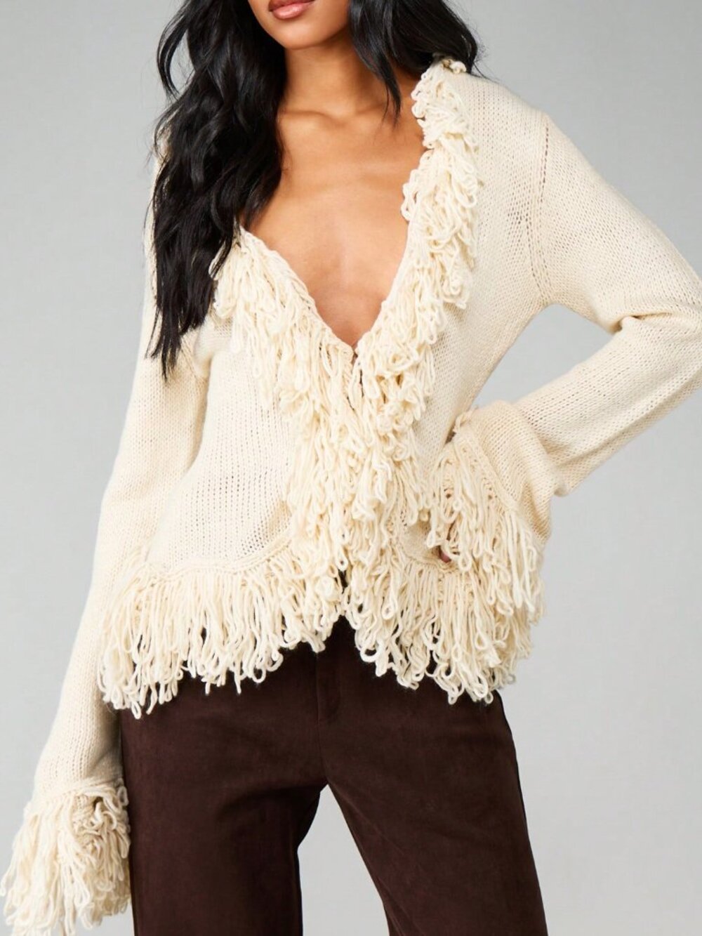 Apricot Sexy Women's Fringe Detail Deep V Neck Long Sleeve Cardigan Sweater